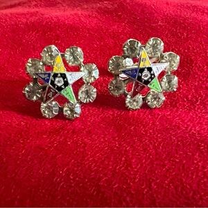 Vintage Masonic Eastern Star Rhinestone Enamel Clip On Earrings